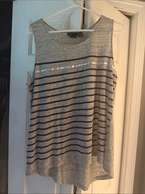 JNY Gray Sleeveless Stripe Tank with Navy Accents